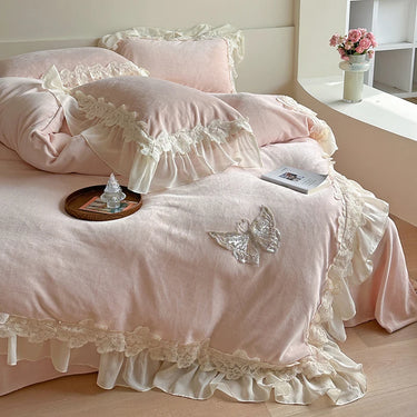 Luxury Pink Butterfly Embroidery European Ruffles Velvet Fleece Bedding Set